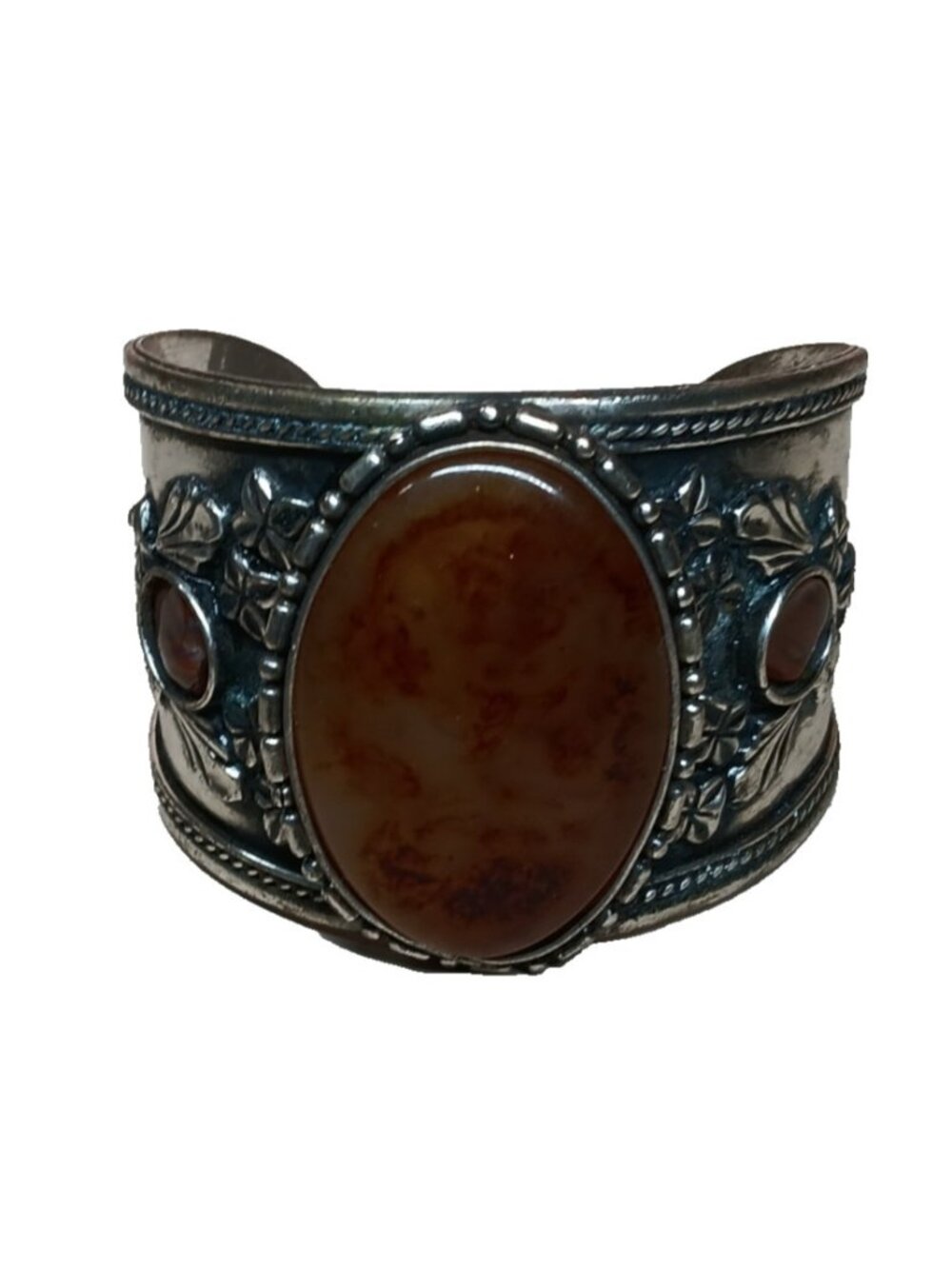 Wide Cuff Chunky Bracelet Silver-Tone and with Stone Cabochon